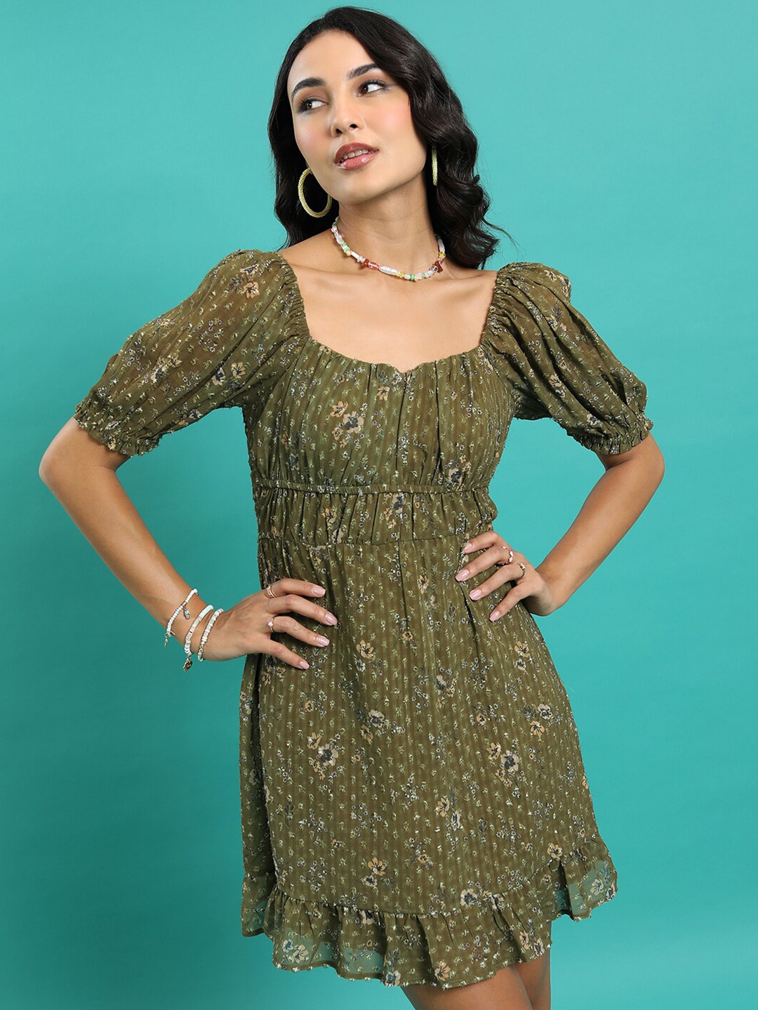

Tokyo Talkies Olive Green Floral Printed Fit & Flare Mini Dress