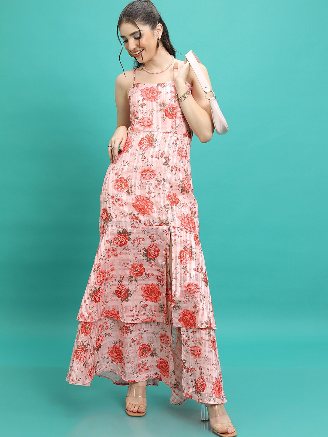 Tokyo Talkies Pink Floral Printed Tiered Layered A-line Maxi Dress