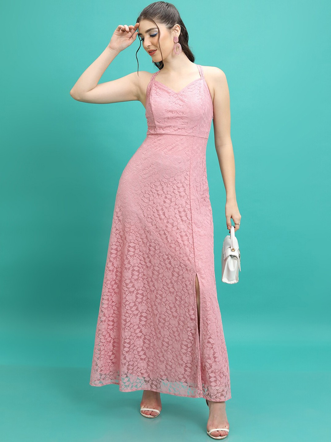 

Tokyo Talkies Floral Self Design Sleeveless Maxi Dress, Pink