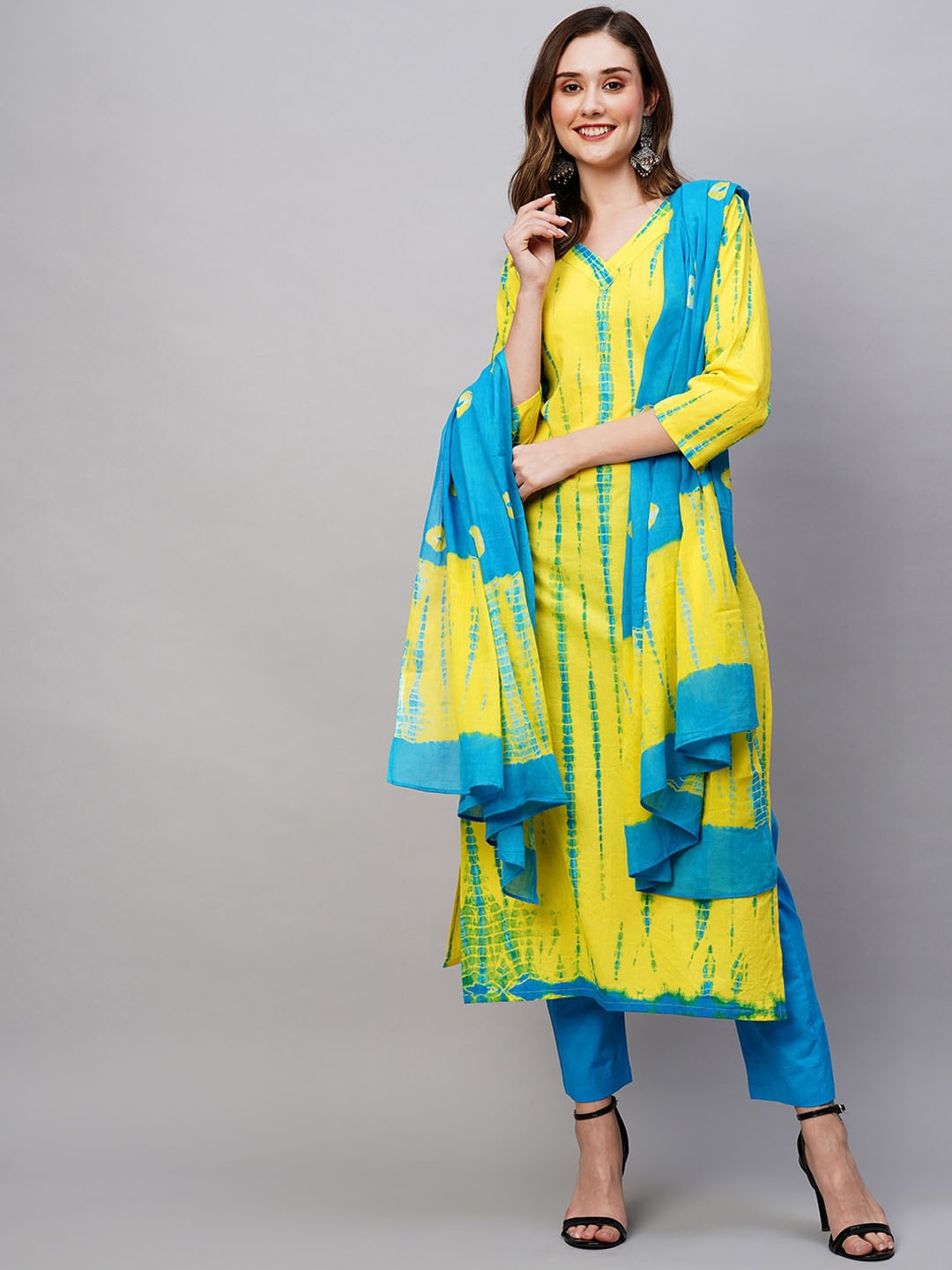 KALINI Geometric Printed V-Neck Straight Kurta & Trousers With Dupatta, Yellow