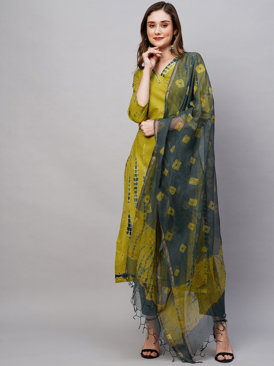 

KALINI Geometric Printed V-Neck Straight Kurta & Trousers With Dupatta, Green