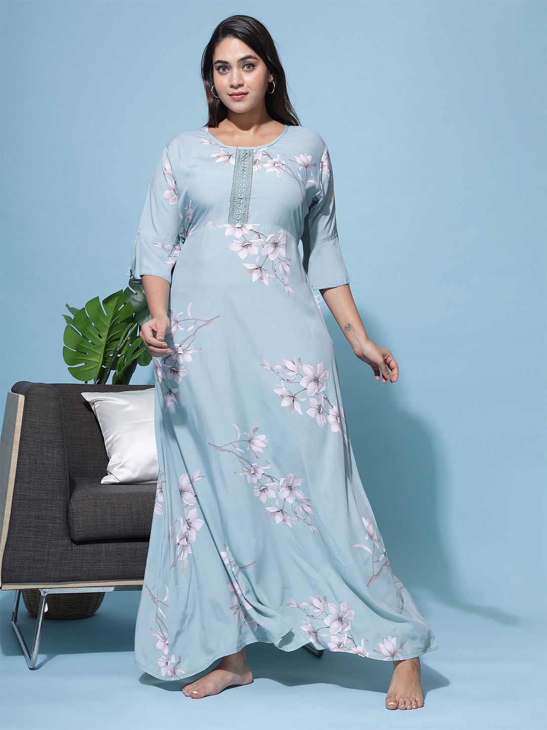 

9shines Label Floral Print Bell Sleeve Designer Maxi Nightdress, Sea green