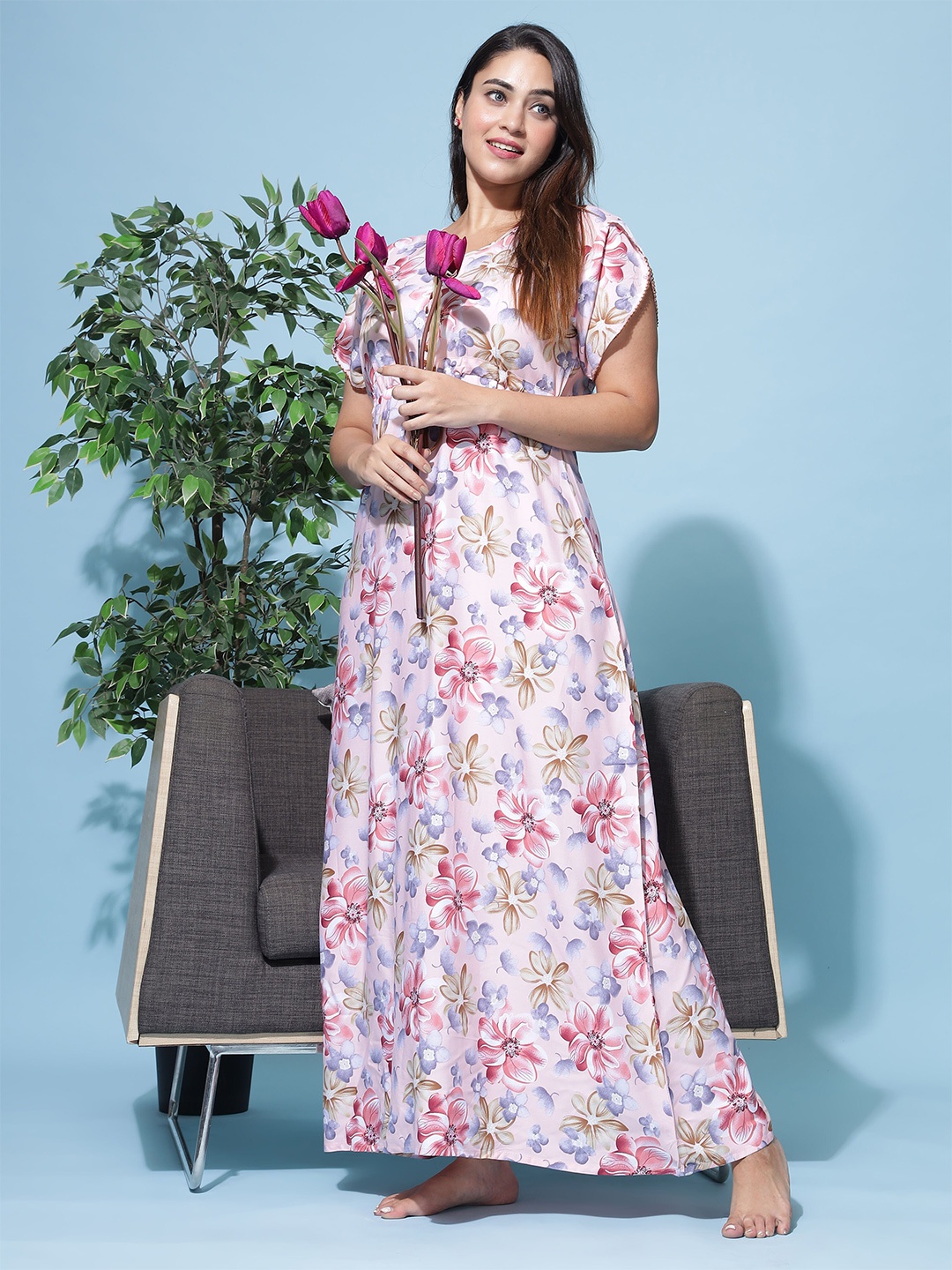 

9shines Label Floral Printed Maxi Nightdress, Peach