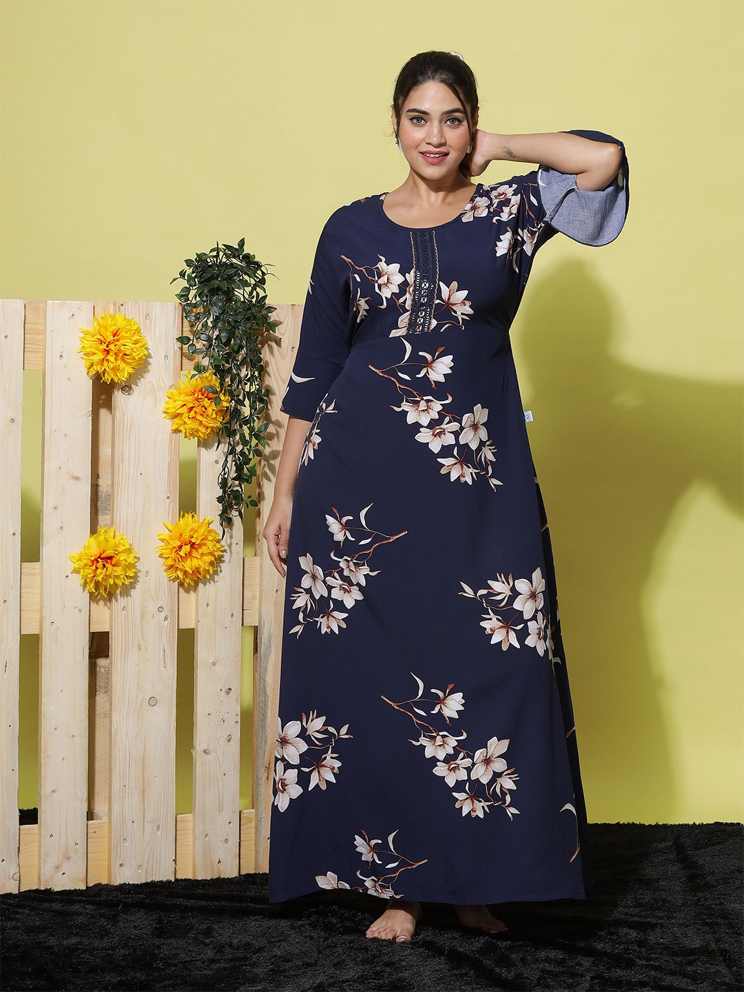 

9shines Label Floral Print Bell Sleeve Designer Maxi Nightdress, Blue