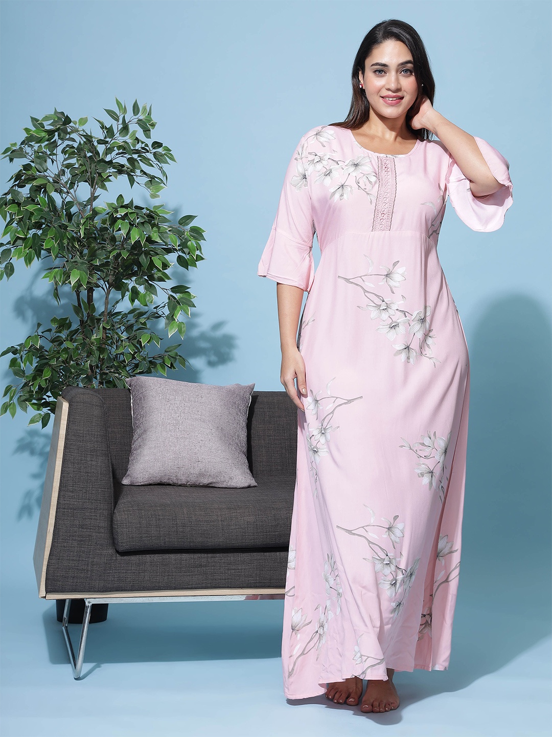 

9shines Label Floral Print Bell Sleeve Designer Maxi Nightdress, Peach