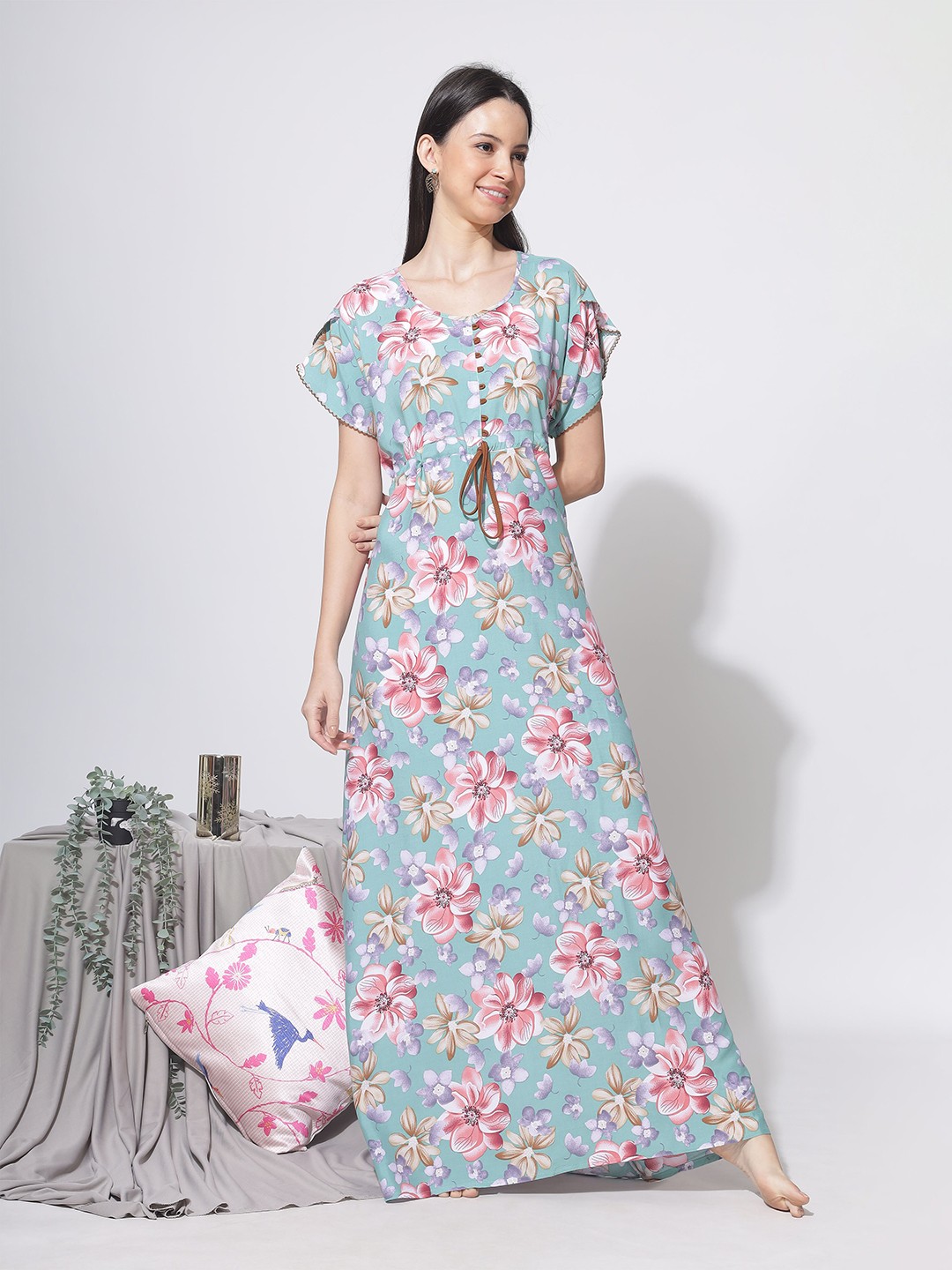 

9shines Label Floral Printed Maxi Kaftan Nightdress, Green