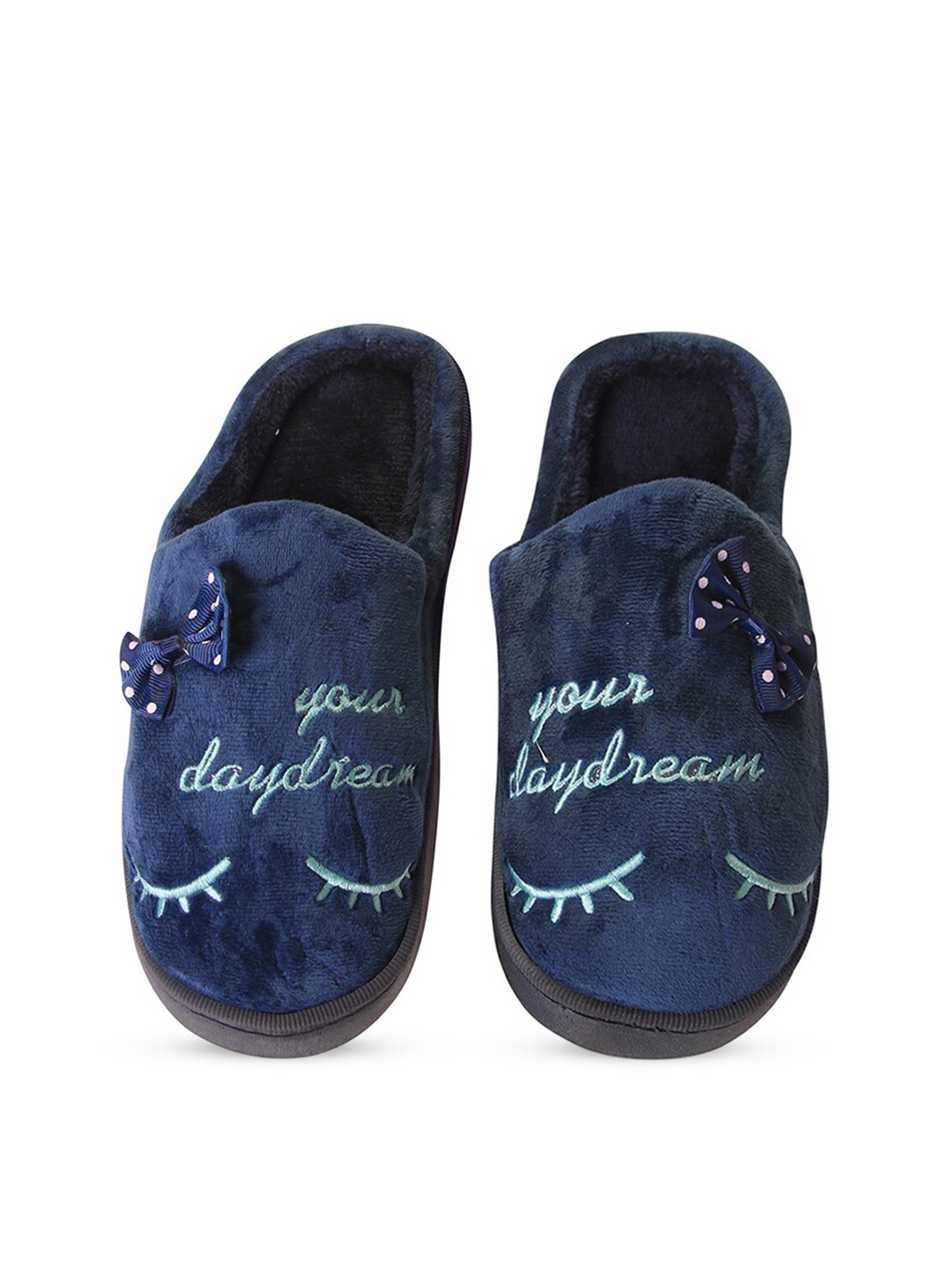 

Miscreef Women Winter Embroidered Fur Room Slippers With Bows, Navy blue