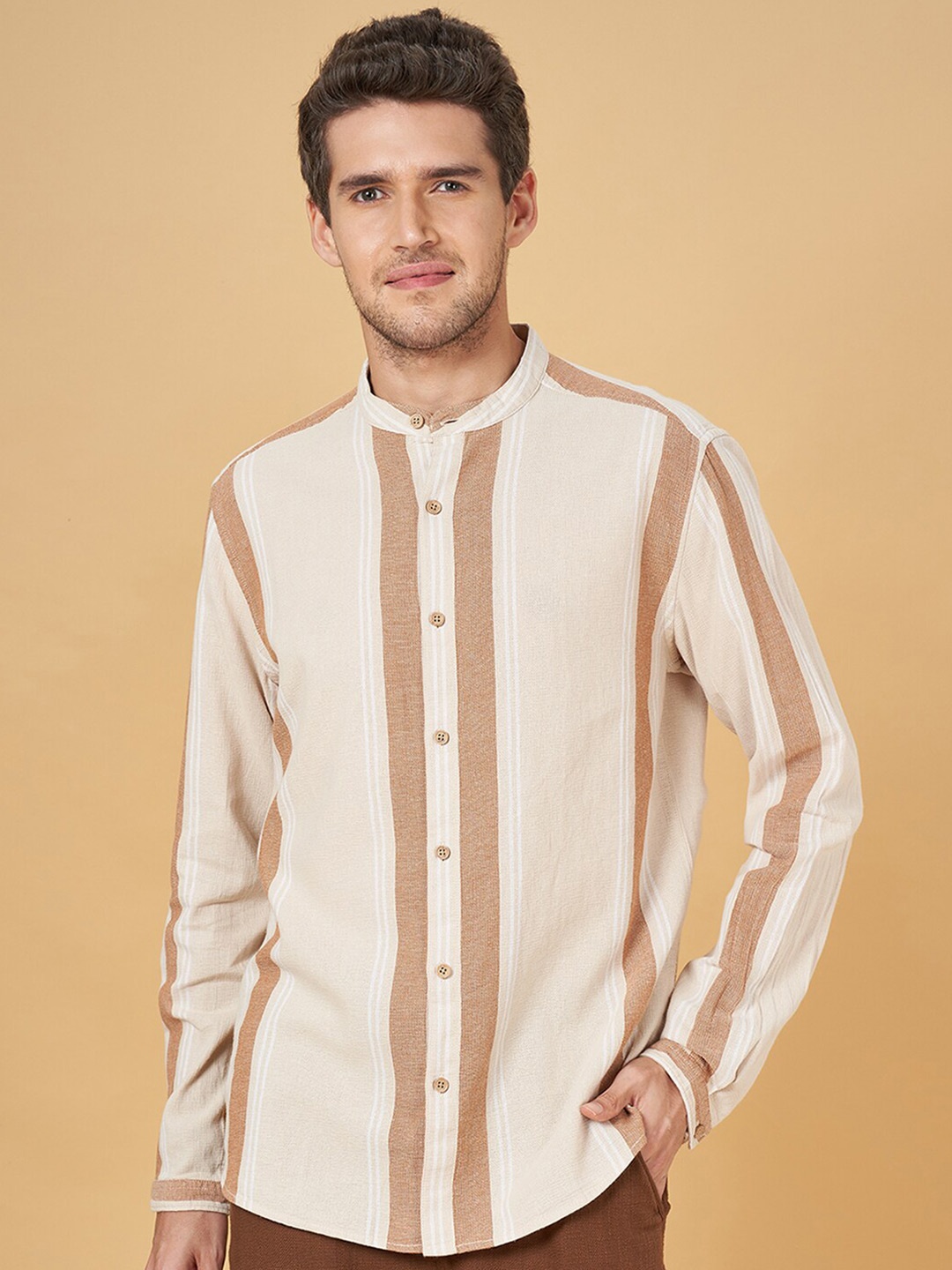 

7 Alt by Pantaloons Slim Fit Striped Mandarin Collar Cotton Casual Shirt, Off white