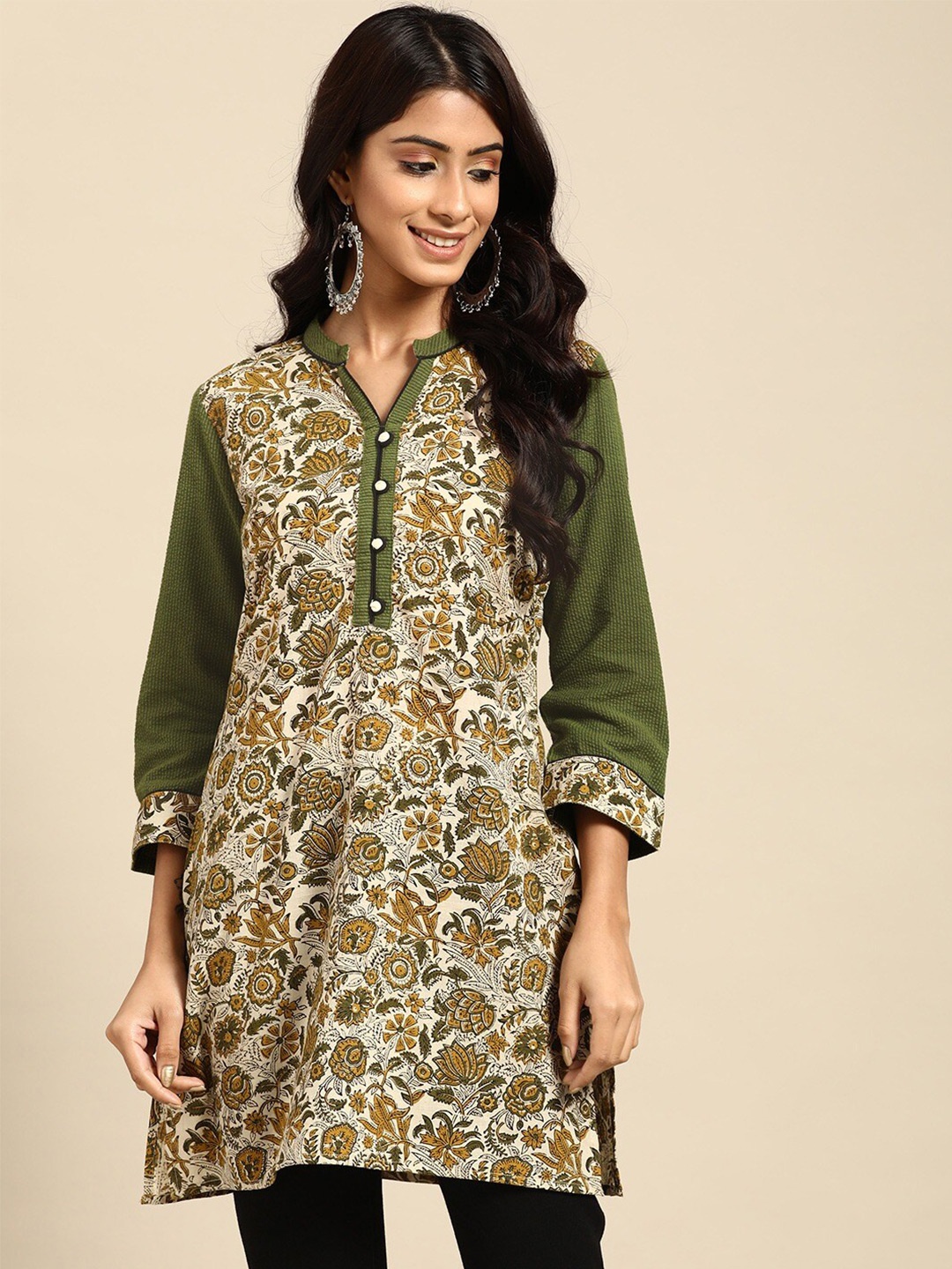 RANGMAYEE Floral Printed Mandarin Collar Pure Cotton Kurti, Green