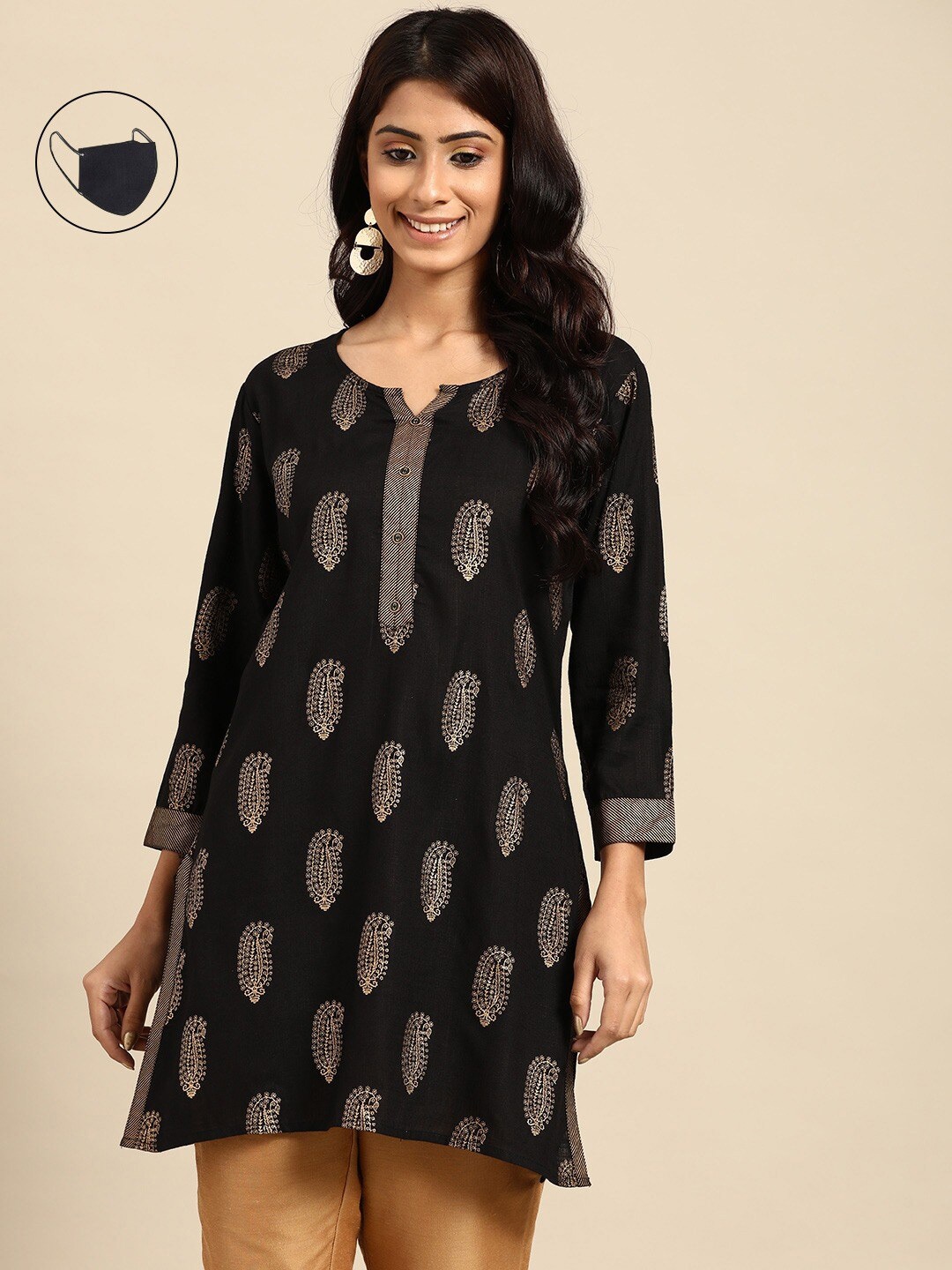 

RANGMAYEE Ethnic Motifs Printed Round Neck Kurti, Black