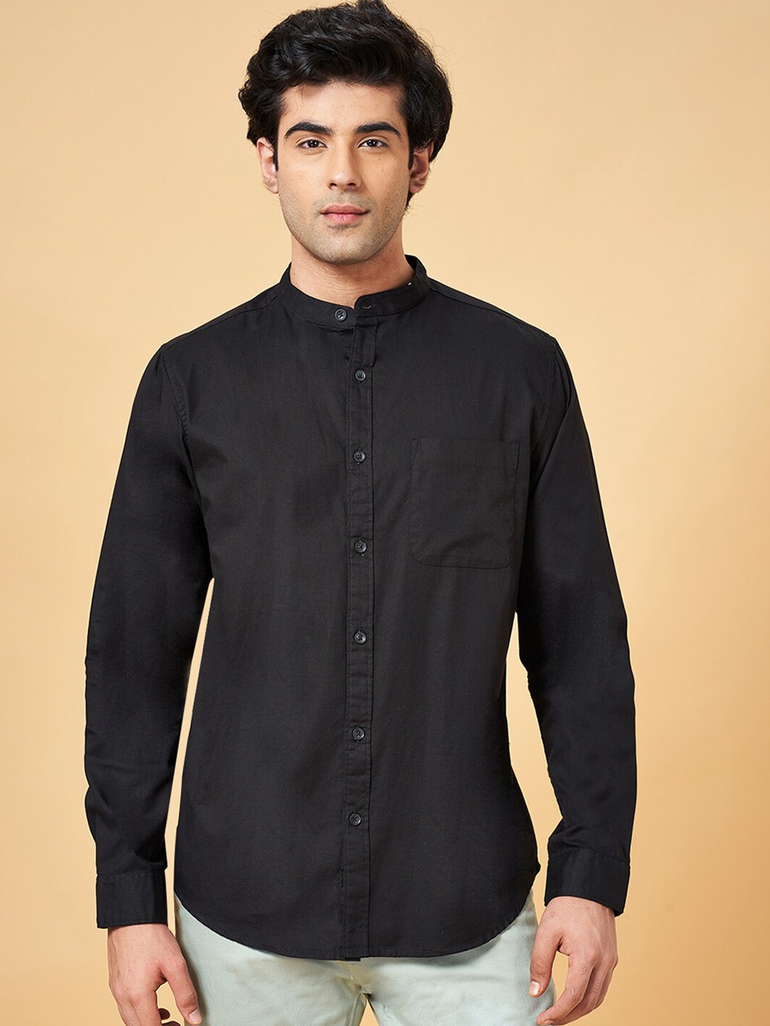 

BYFORD by Pantaloons Slim Fit Band Collar Cotton Casual Shirt, Black