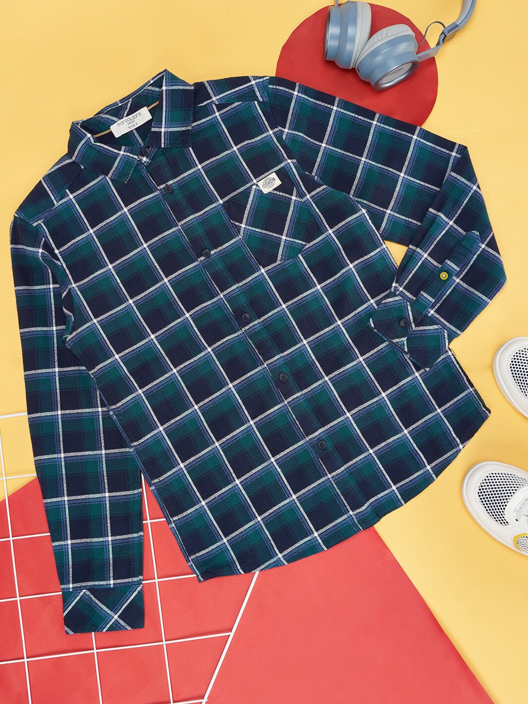 Pantaloons Junior Boys Windowpane Checked Cotton Casual Shirt, Navy blue