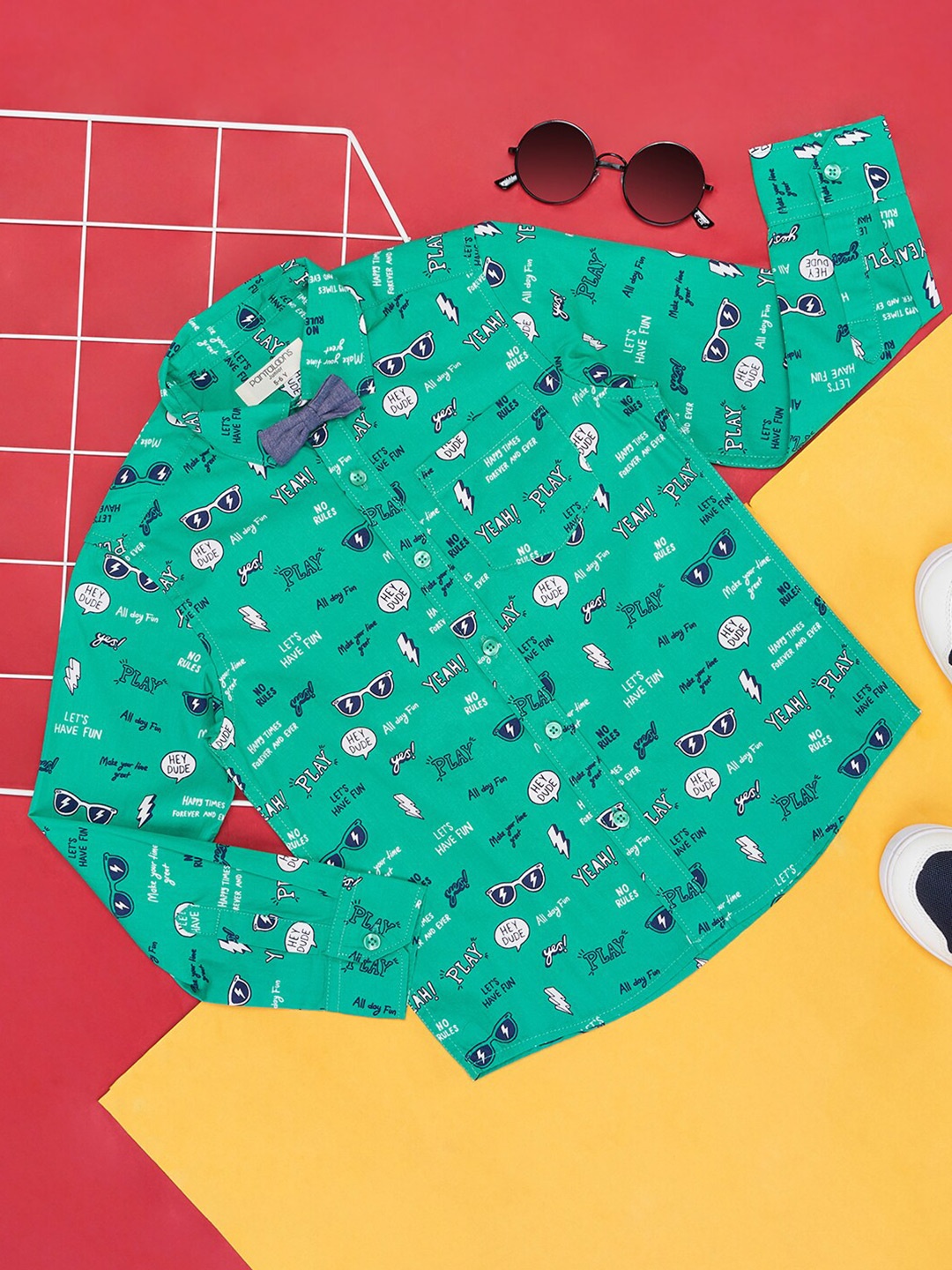 Pantaloons Junior Boys Conversational Printed Cotton Party Shirt, Green