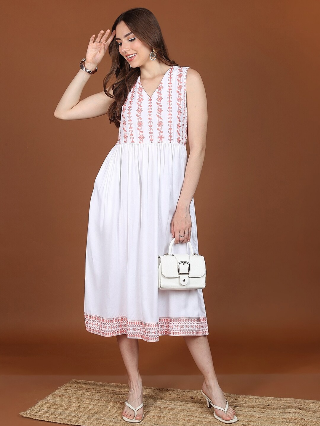 

Vishudh Floral Embroidered Fit & Flare Midi Dress, White