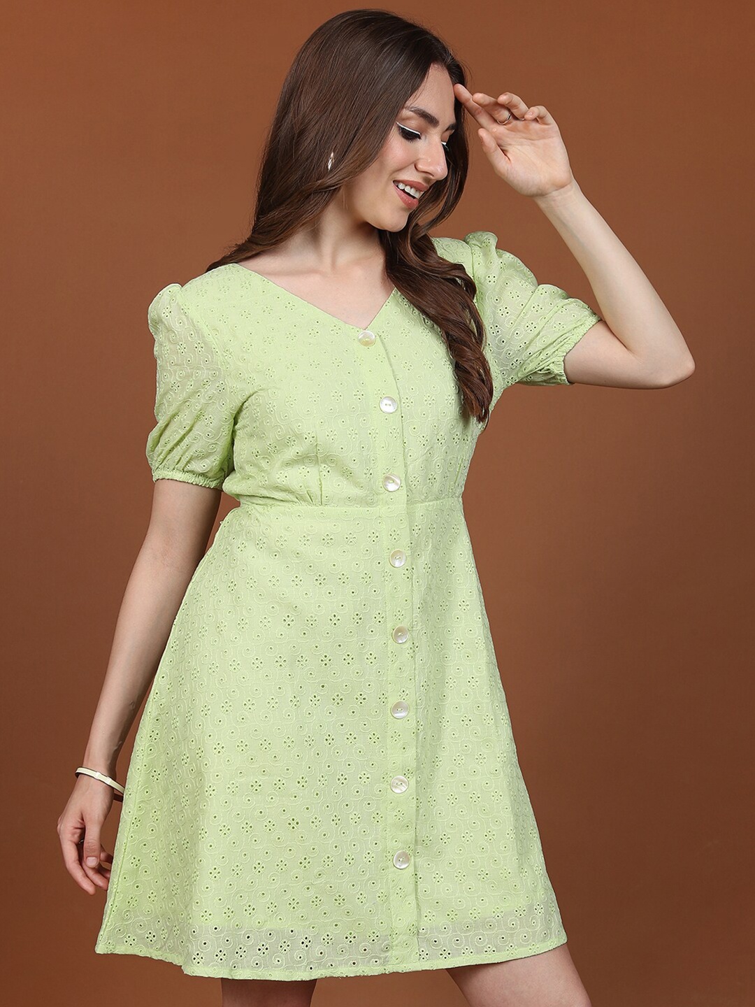

Vishudh Green Self Design Puff Sleeve Fit & Flare Dress