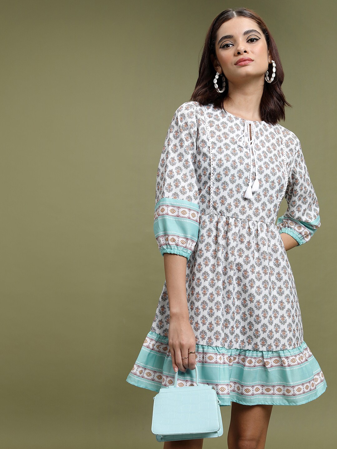 Vishudh Ethnic Motifs Printed Gathered A-Line Dress, White