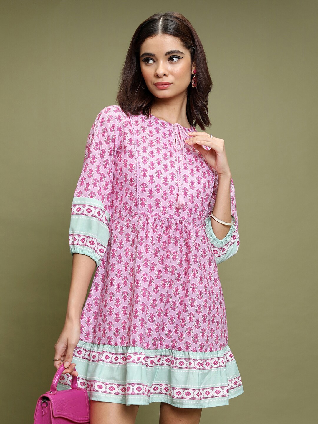 

Vishudh Ethnic Motifs Printed Gathered A-Line Dress, Pink