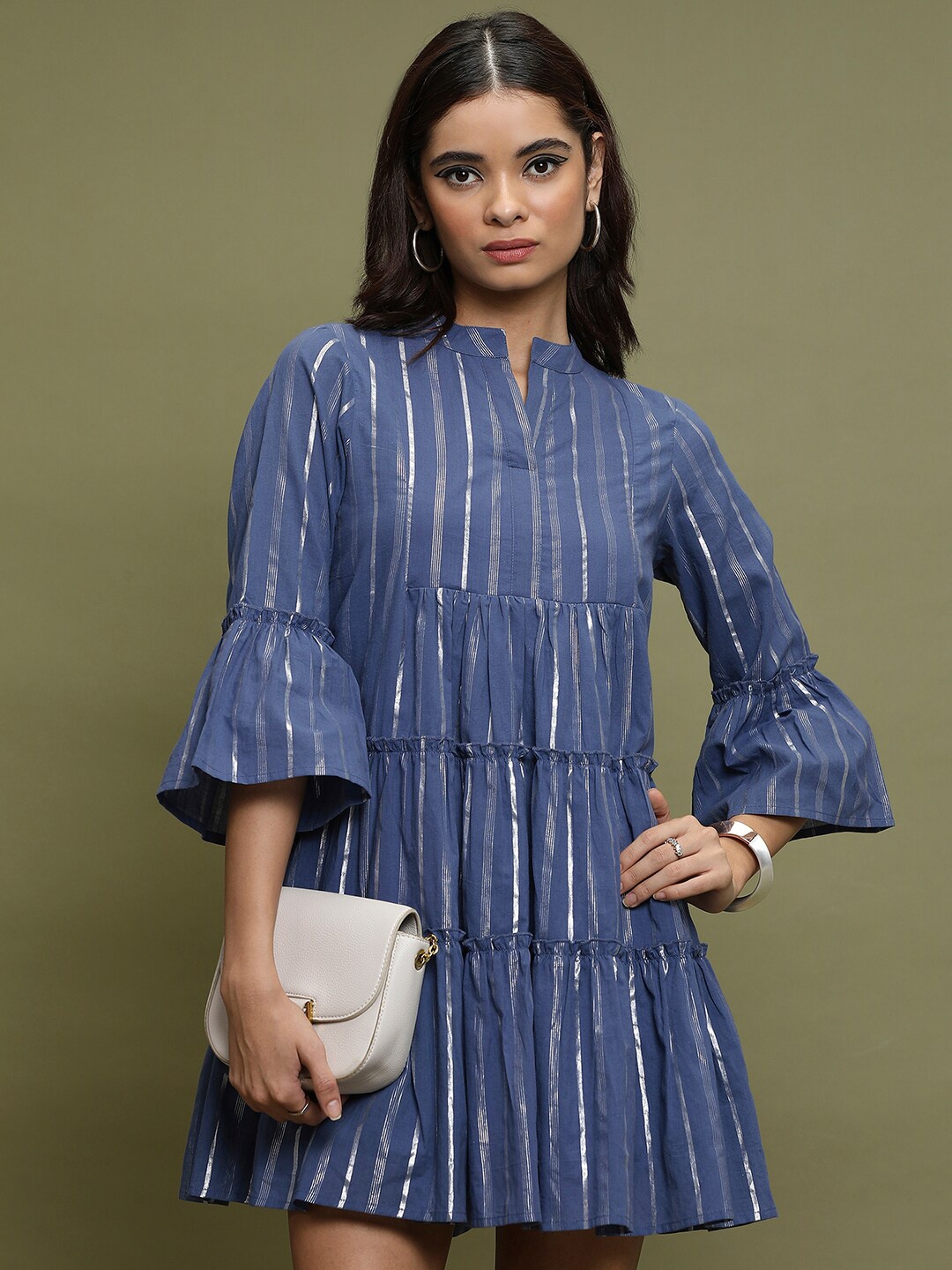 Vishudh Striped Mandarin Collar Bell Sleeves Cotton A-Line Dress, Navy blue