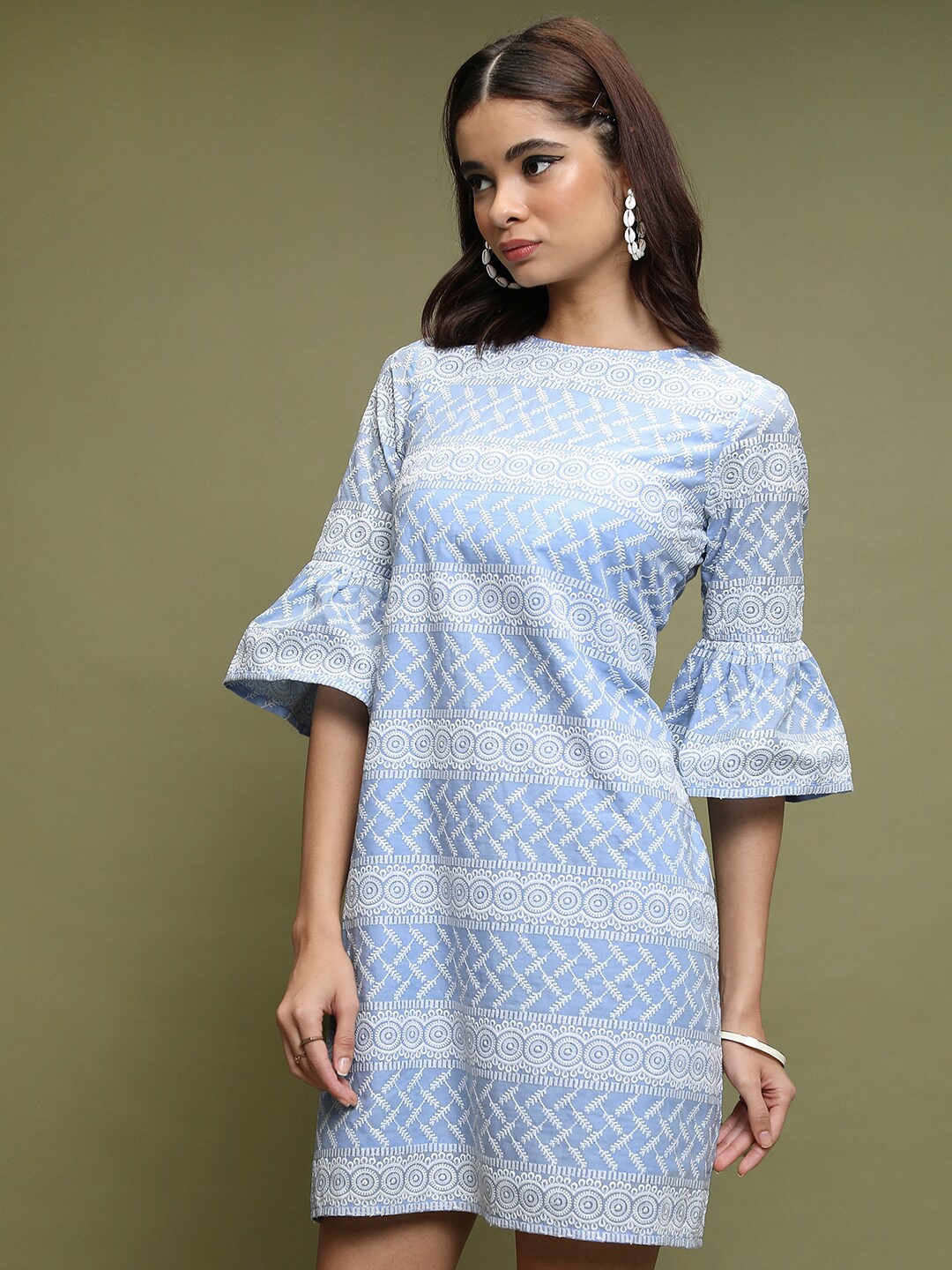 

Vishudh Ethnic Motifs Embroidered Bell Sleeves Sheath Dress, Blue
