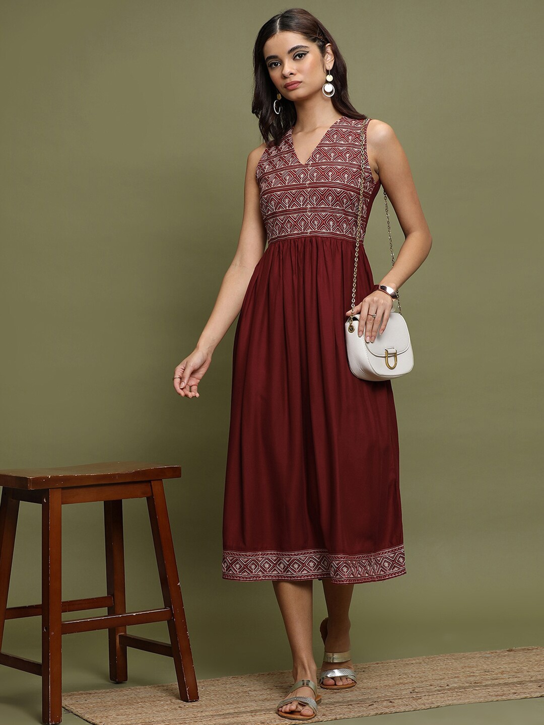 Vishudh Geometric Embroidered V-Neck A-Line Midi Dress, Maroon