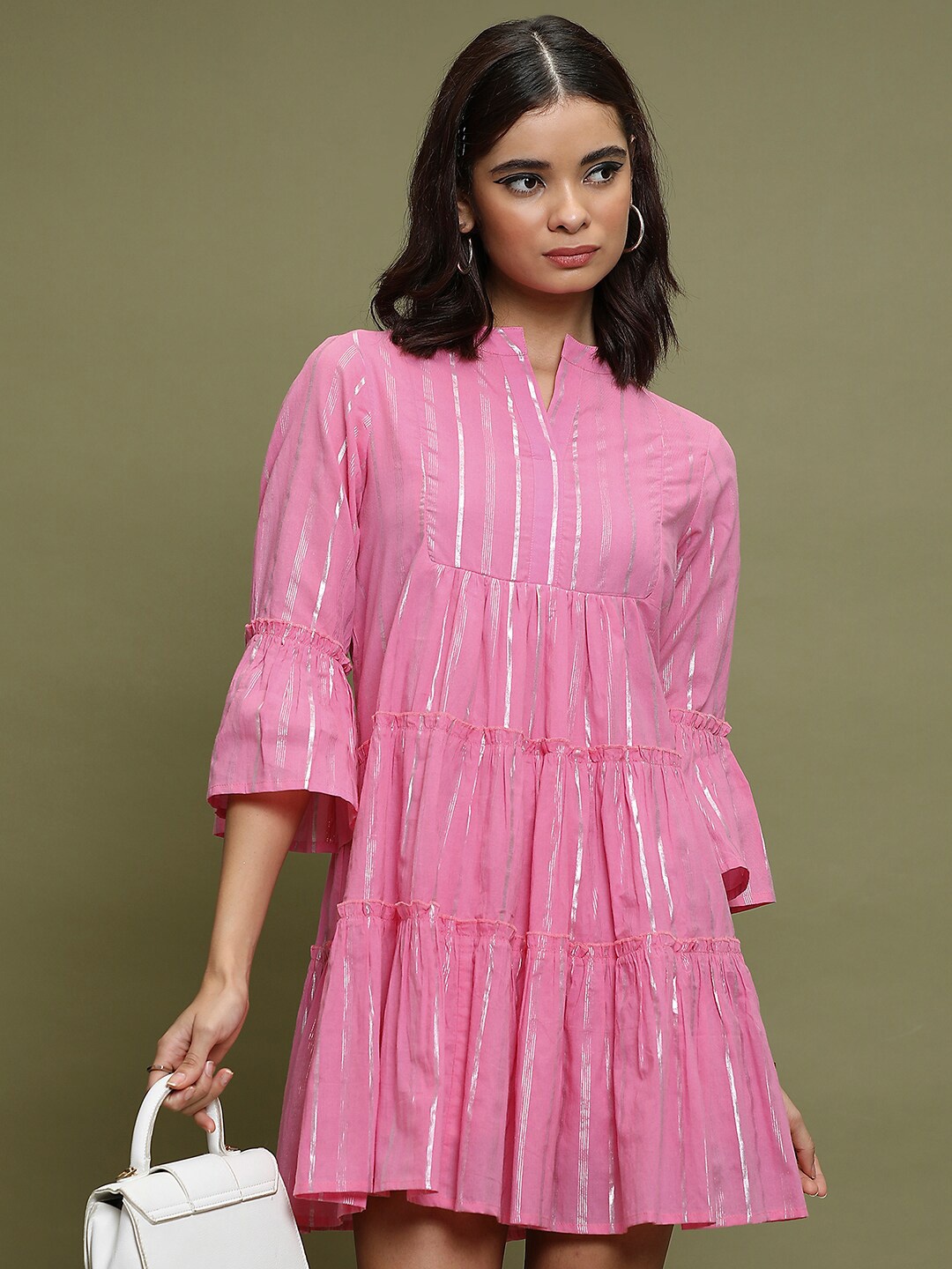 

Vishudh Pink Striped Bell Sleeves A-Line Dress