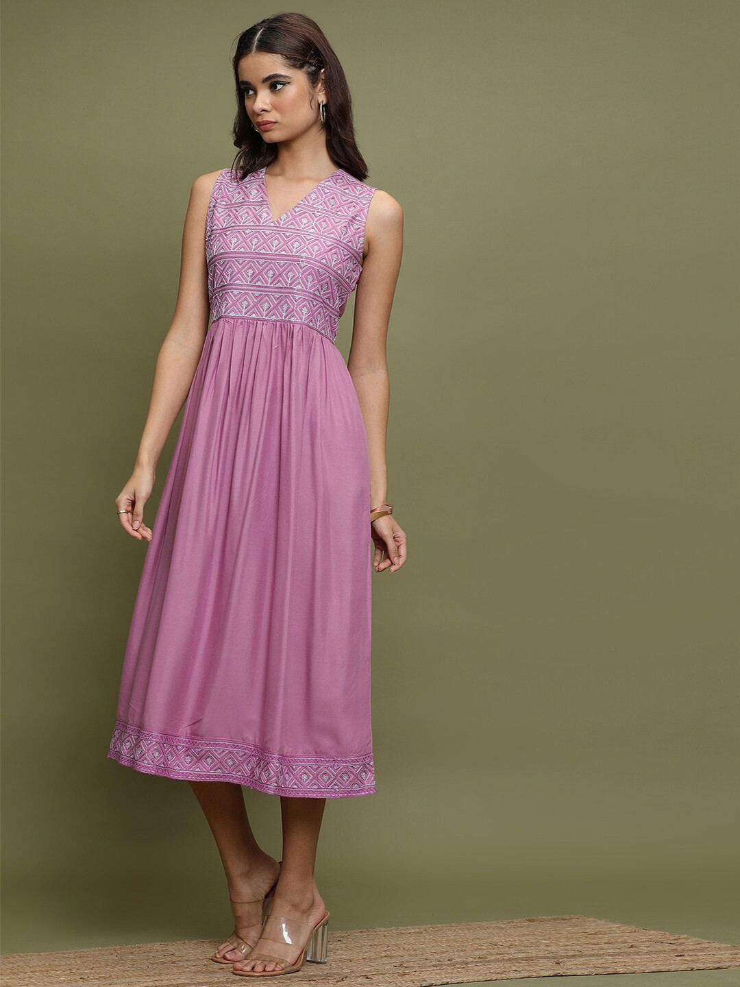 

Vishudh Purple Ethnic Motif Embroidered Gathered or Pleated Fit & Flare Midi Dress