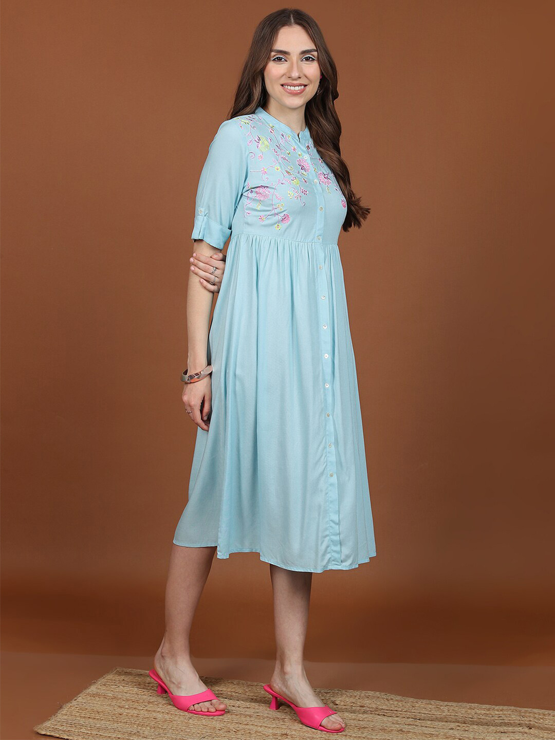 

Vishudh Blue Floral Embroidered A-Line Midi Dress
