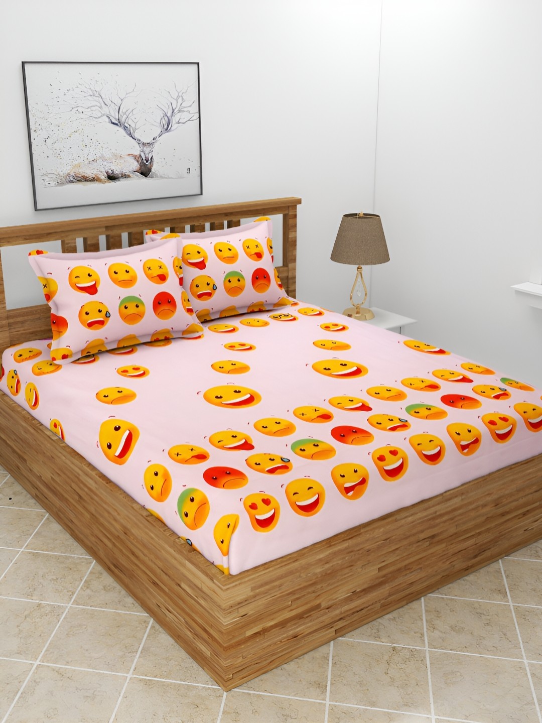 BREVARD Pink & Orange 210 TC Queen Bedsheet with 2 Pillow Covers