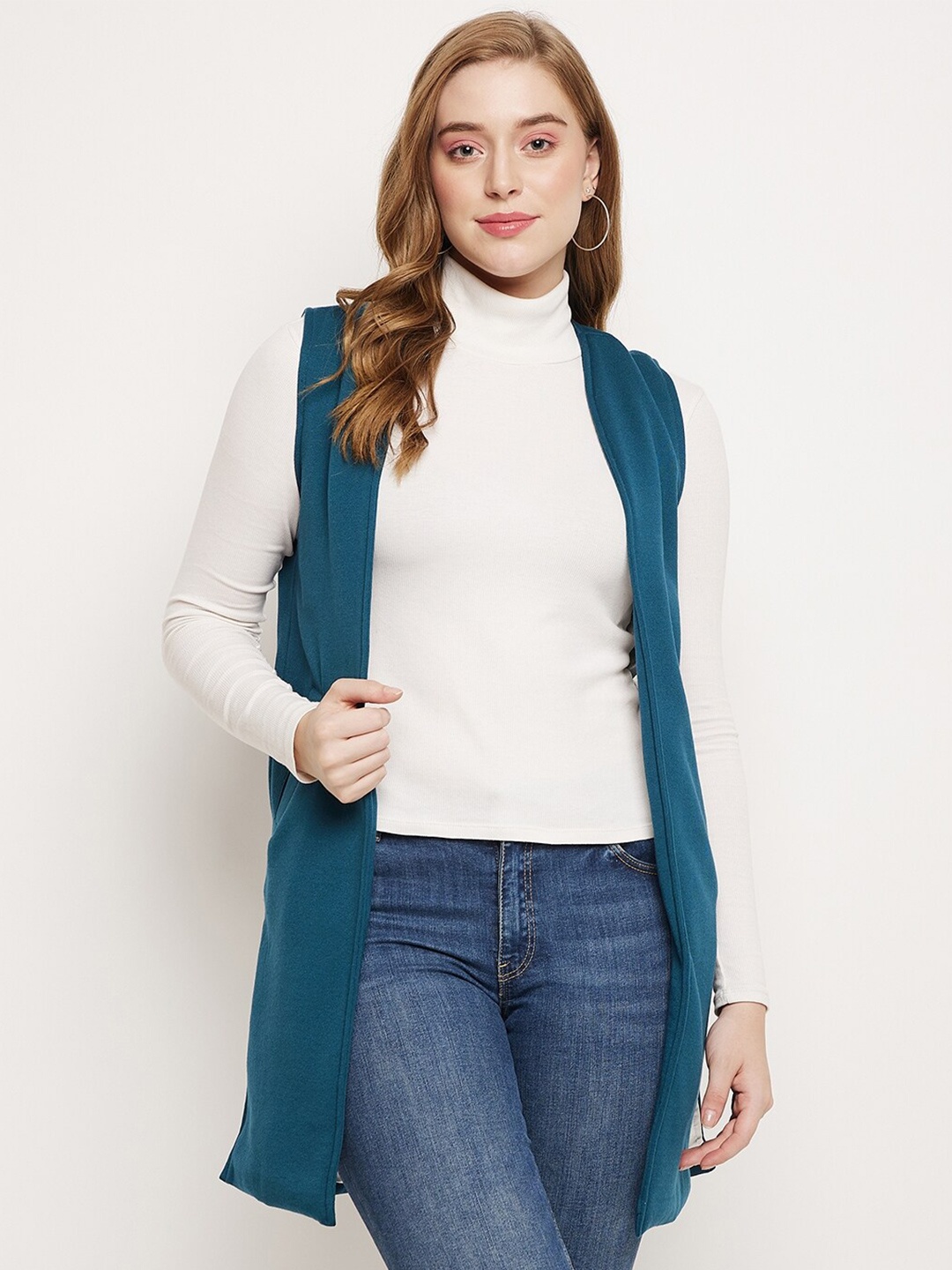 

BRINNS Women Sleeveless Longline Open Front Shrug, Teal