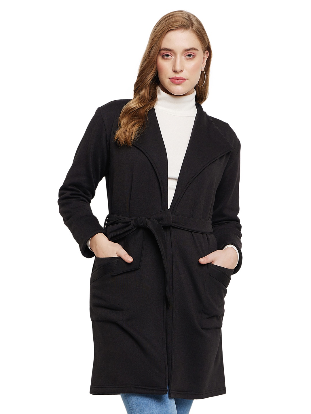 

BRINNS Single Breasted Tie Ups Fleece Overcoat, Black