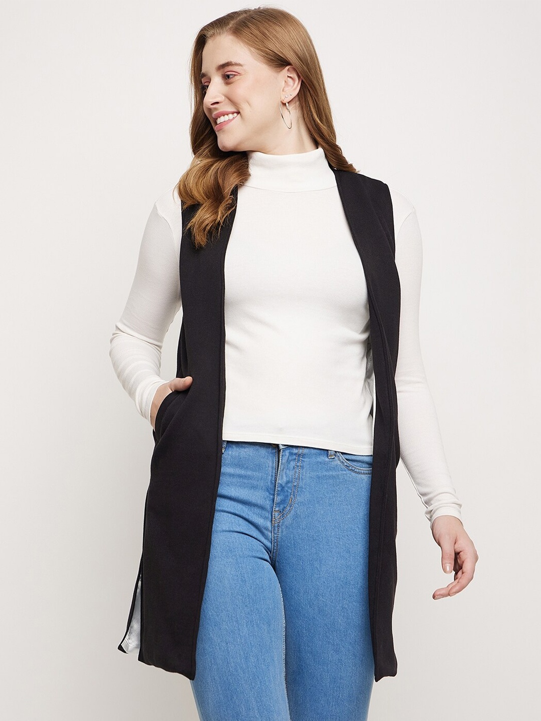 

BRINNS Women Sleeveless Longline Open Front Shrug, Black