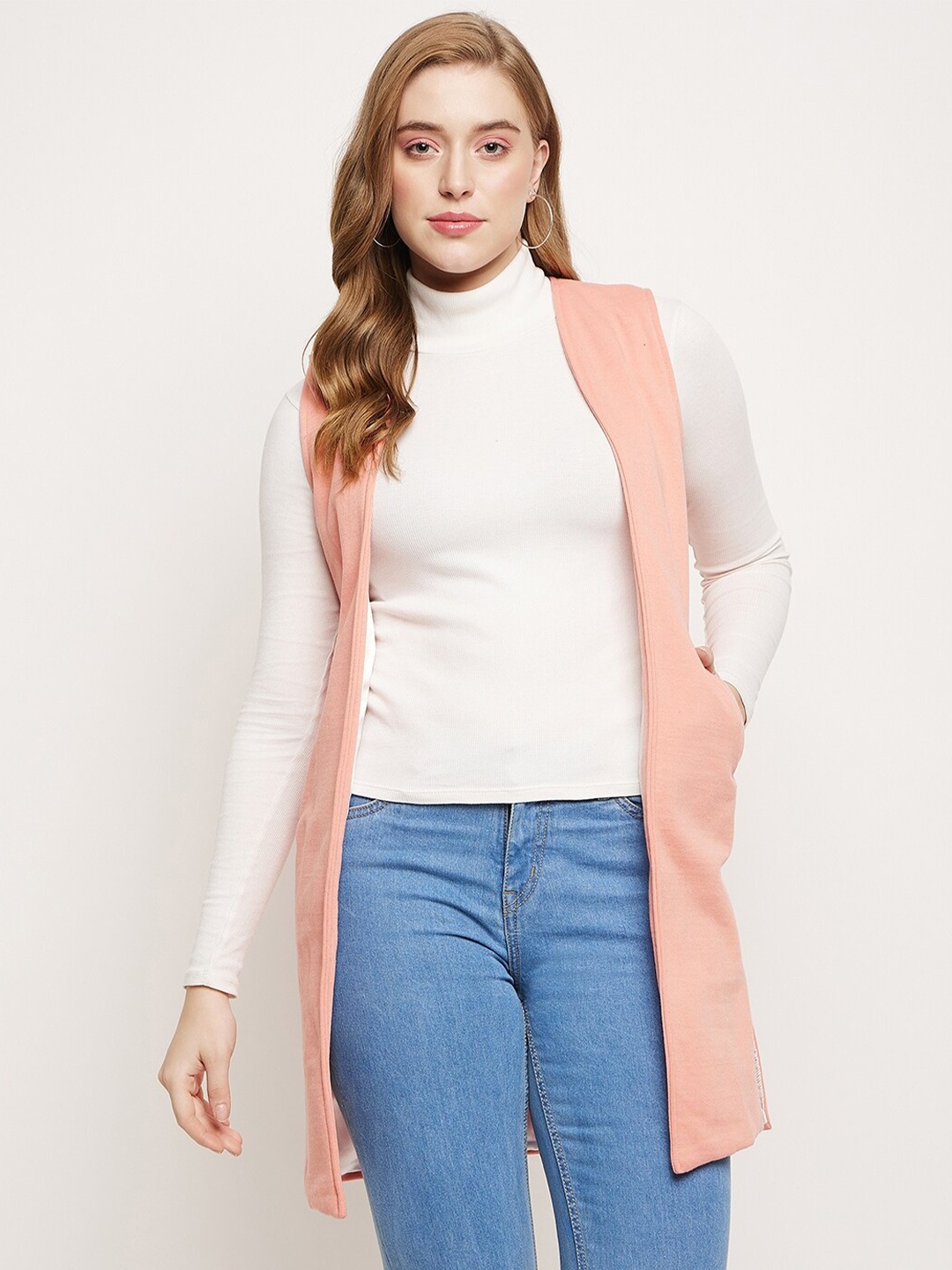 

BRINNS Women Sleeveless Longline Open Front Shrug, Pink
