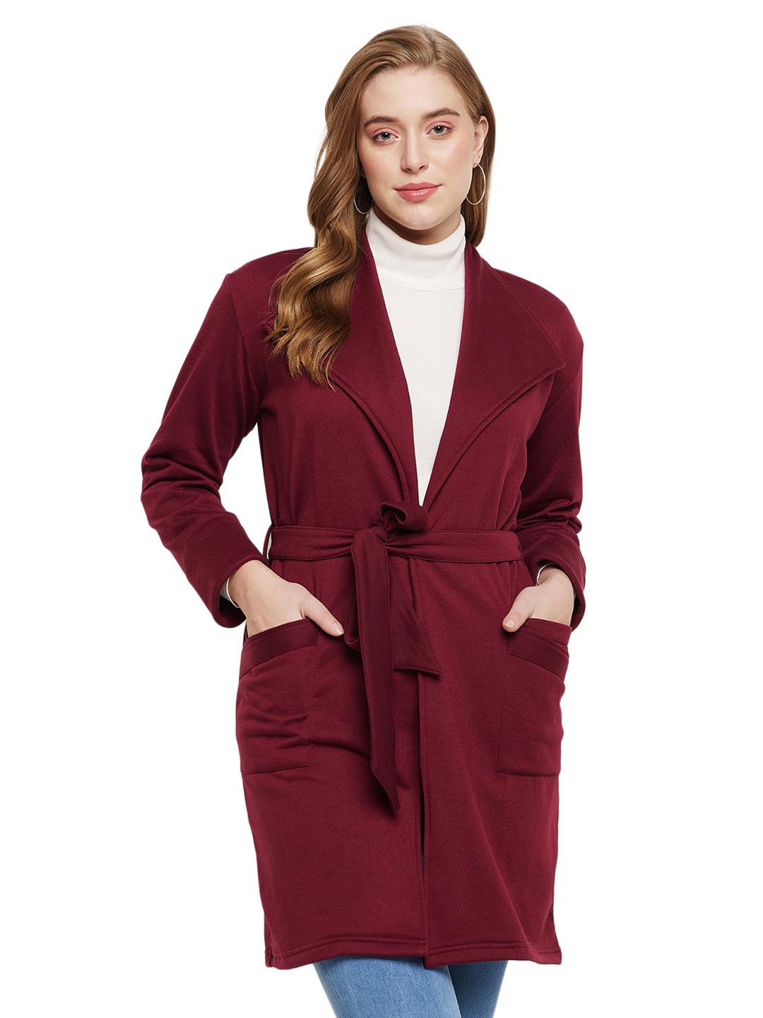 

BRINNS Single Breasted Tie Ups Fleece Overcoat, Burgundy