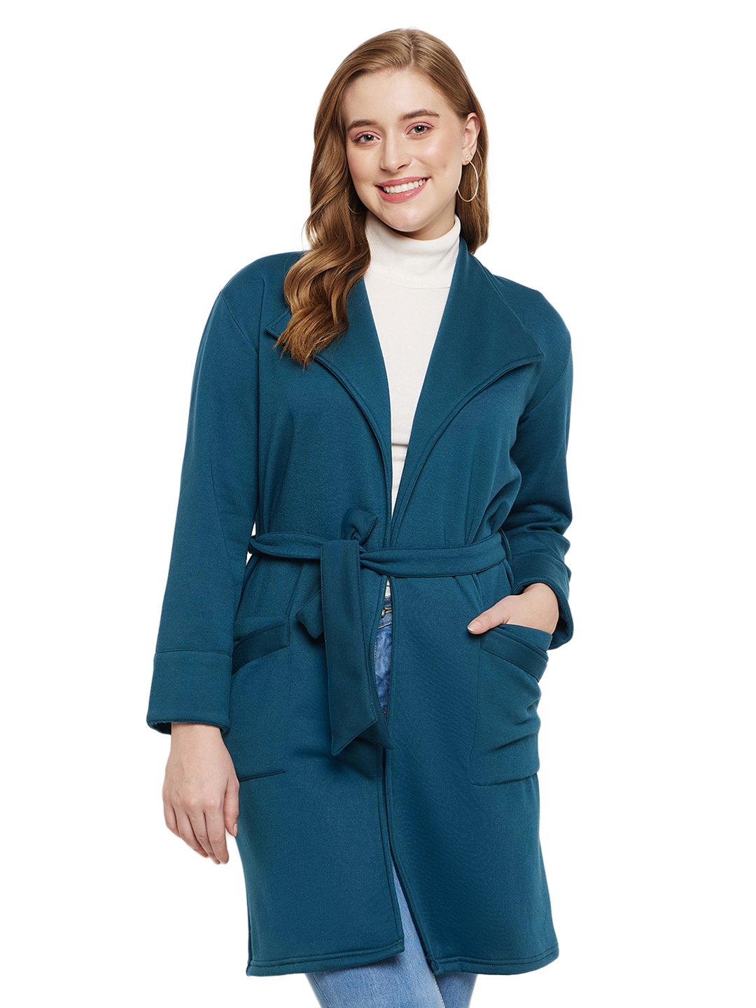 

BRINNS Single Breasted Tie Ups Fleece Overcoat, Teal