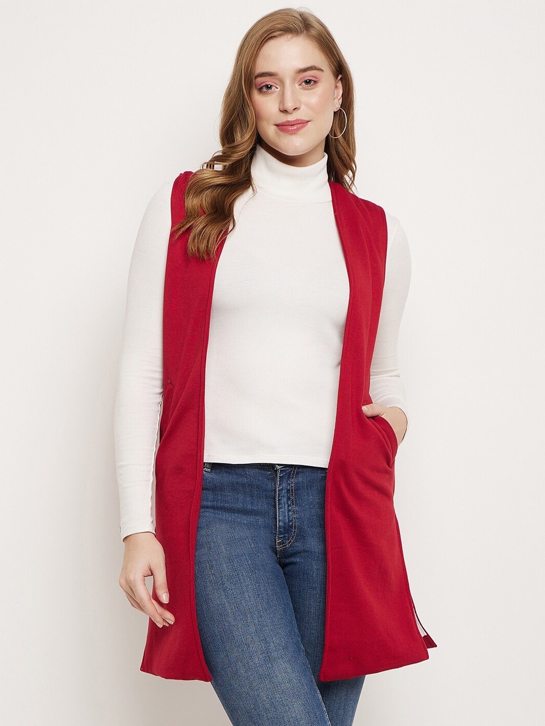 

BRINNS Women Sleeveless Longline Open Front Shrug, Maroon