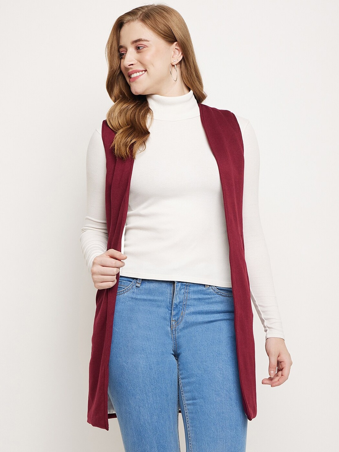 

BRINNS Women Sleeveless Longline Open Front Shrug, Burgundy
