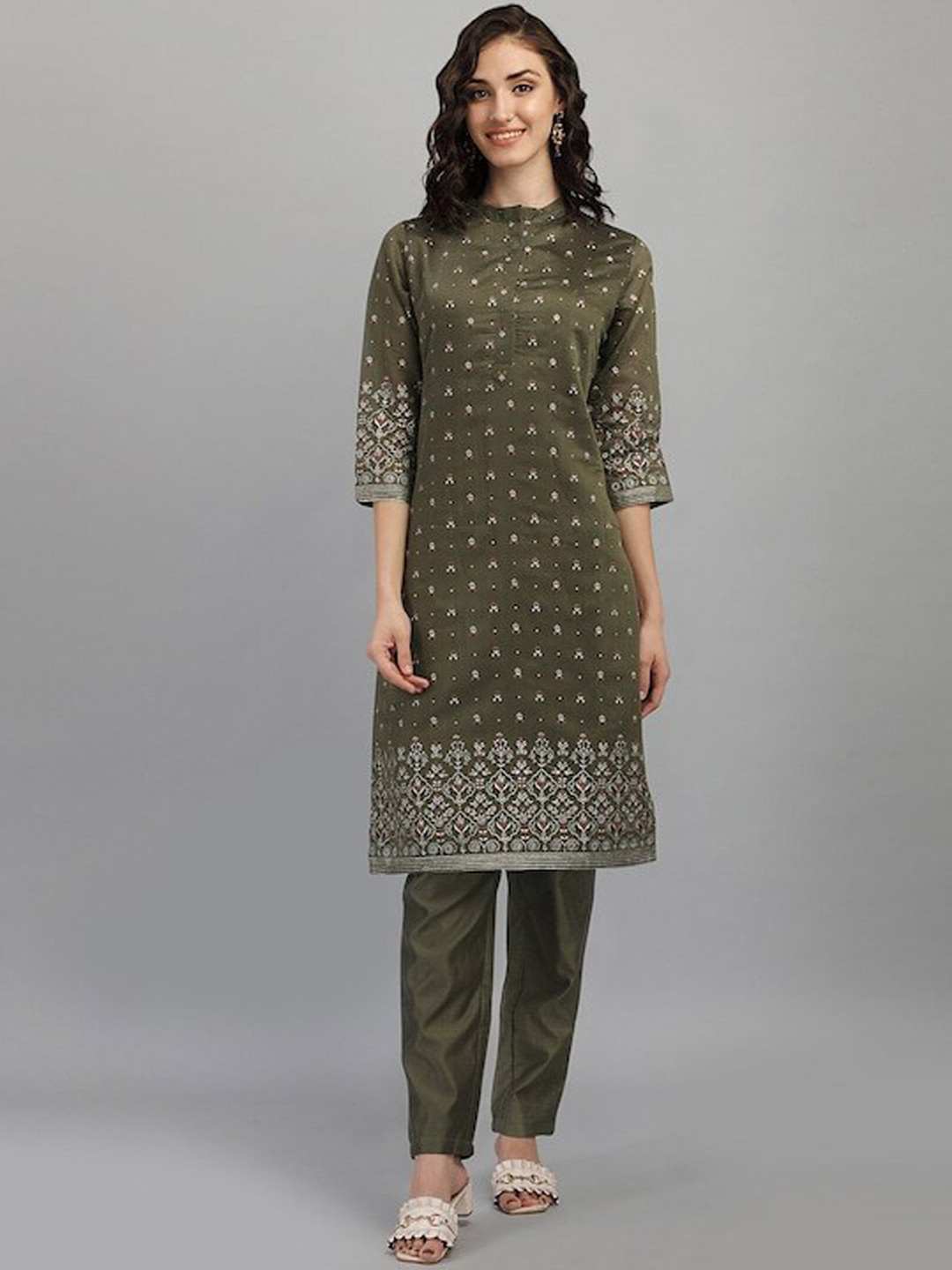 

Mitera Ethnic Motifs Printed Regular Chanderi Silk Kurta With Trousers, Olive