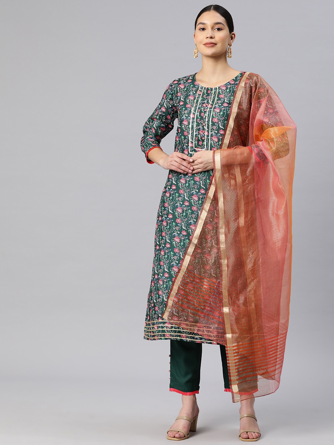 

Mitera Floral Kalamkari Print Regular Kurta With Trousers & Dupatta, Green