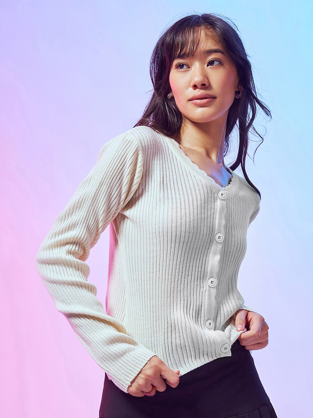 

Bewakoof Off White Ribbed V-Neck Acrylic Cardigan