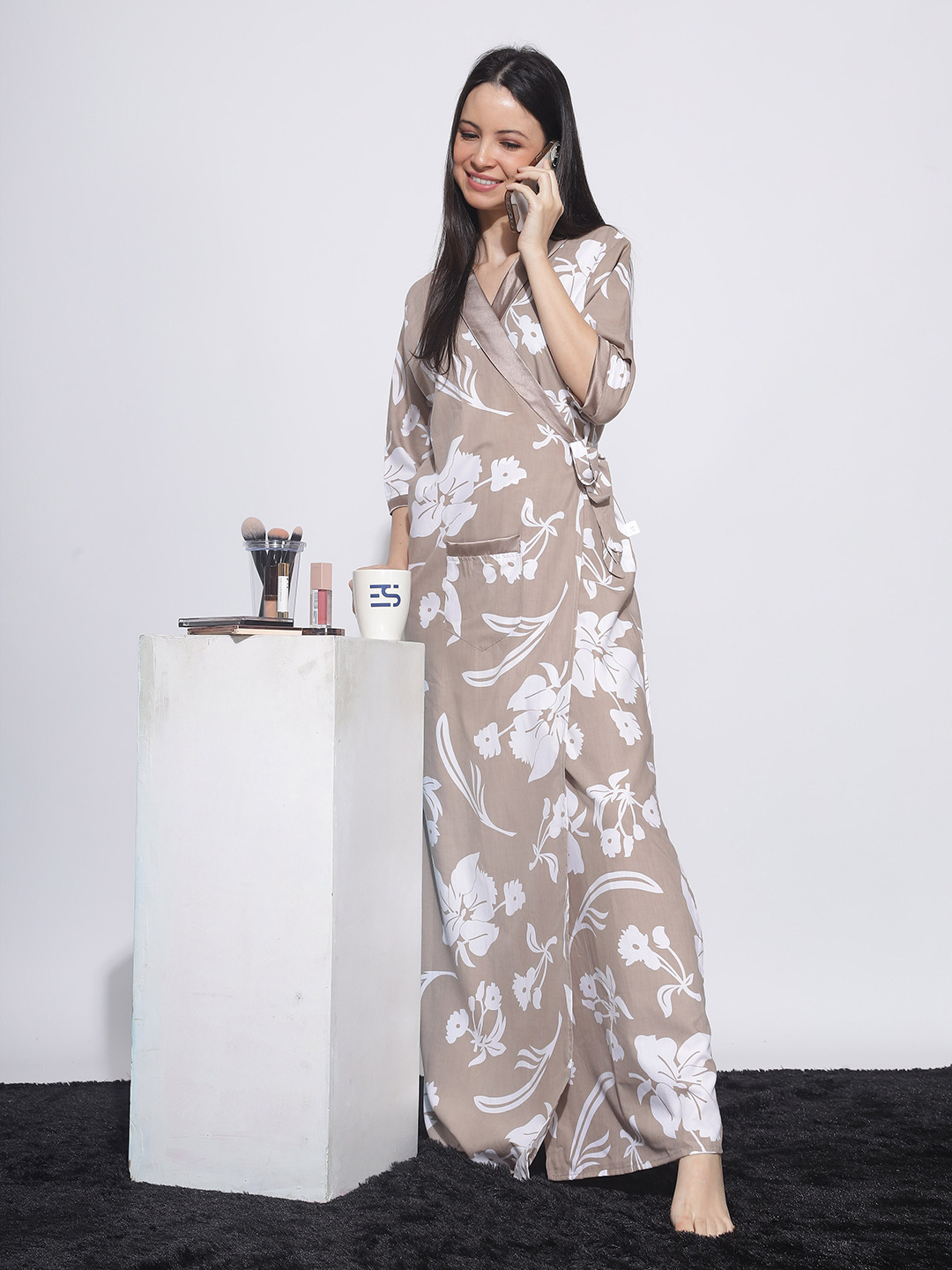 

9shines Label Floral Printed Maxi Nightdress, Grey