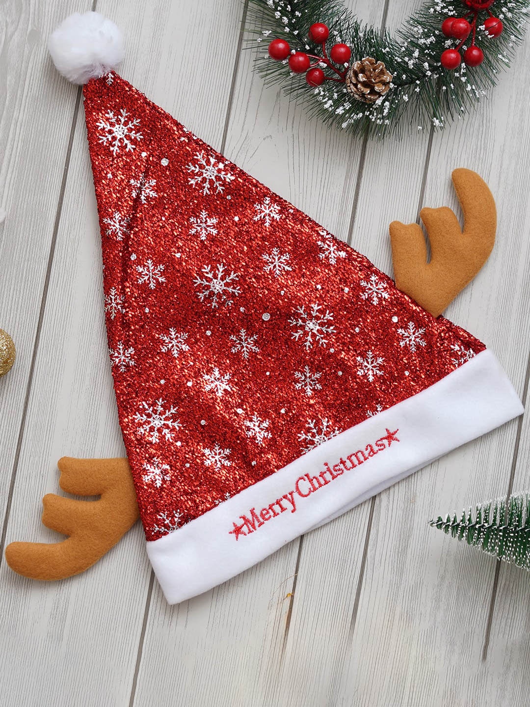 

eCraftIndia Red & White Printed Santa Claus Hat for Christmas Festive Decor