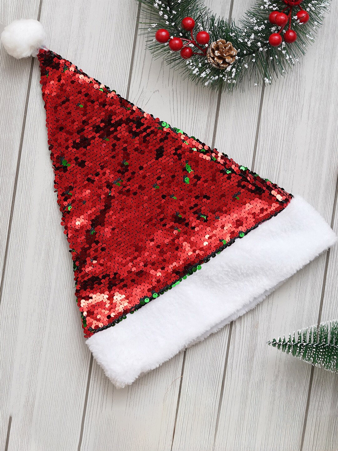 

eCraftIndia Red Green White Flip Sequin Santa Claus Cap For Christmas