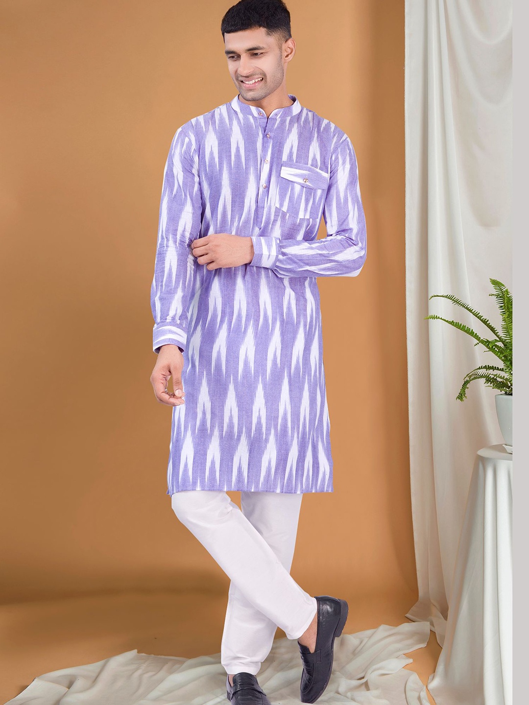 

SHIWAM ETHNIX Ikkat Printed Band Collar Cotton Straight Kurta, Purple