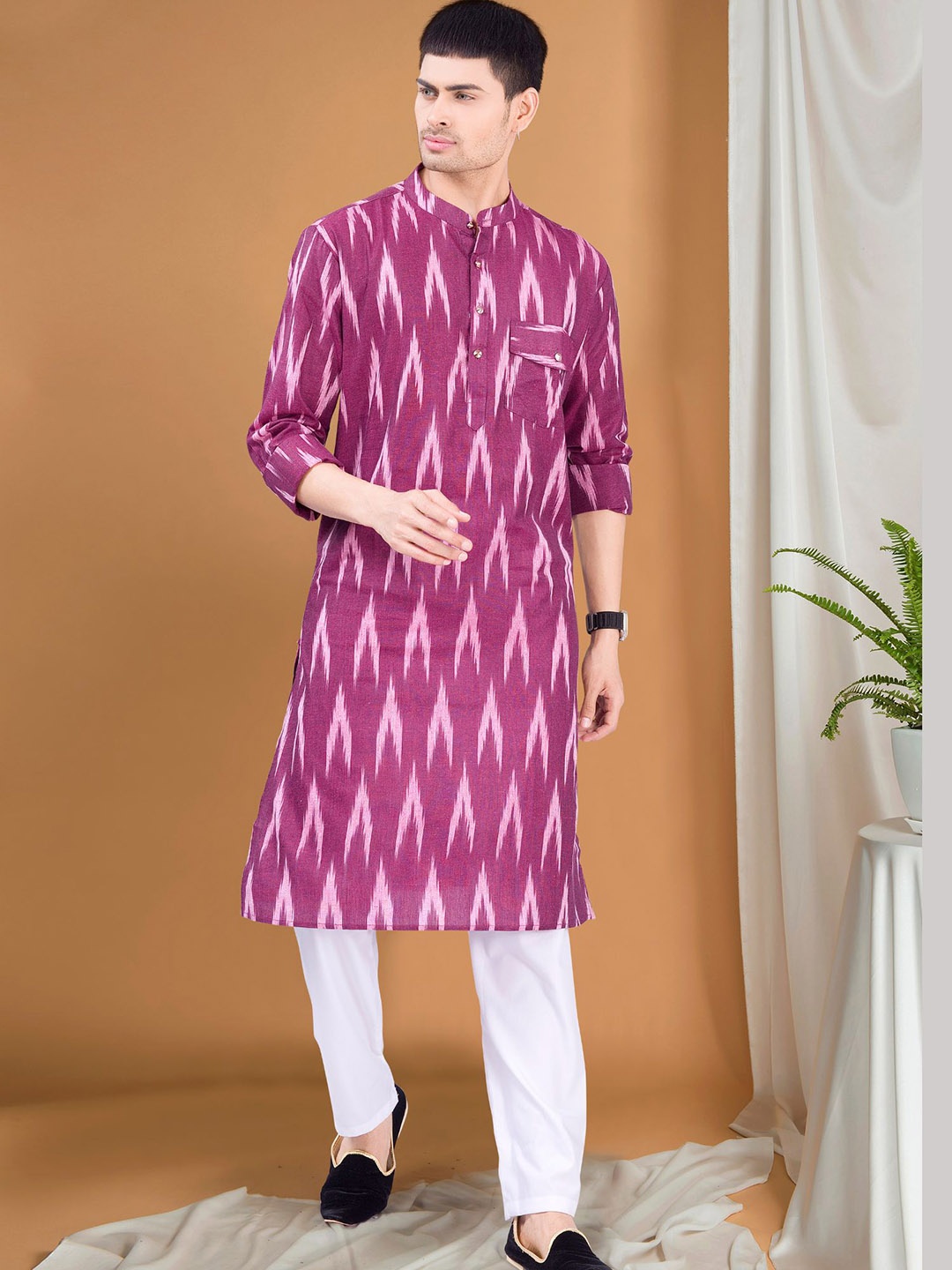 SHIWAM ETHNIX Abstract Ikat Printed Band Collar Kurta, Purple