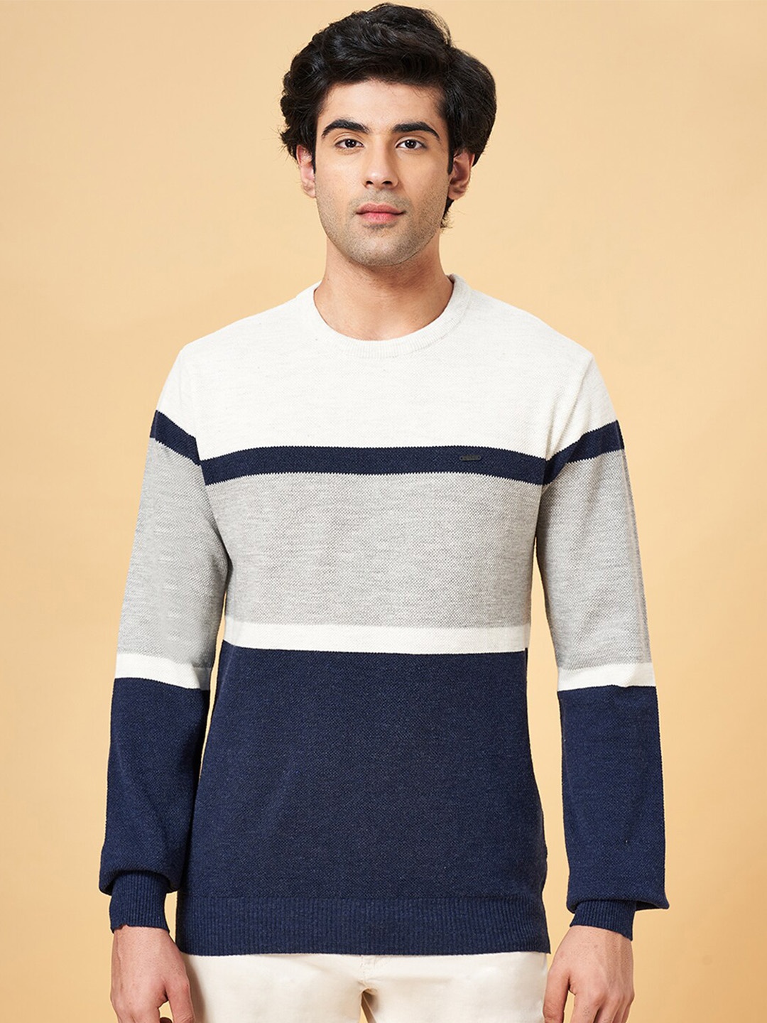 BYFORD by Pantaloons Striped Acrylic Pullover Sweater, Blue