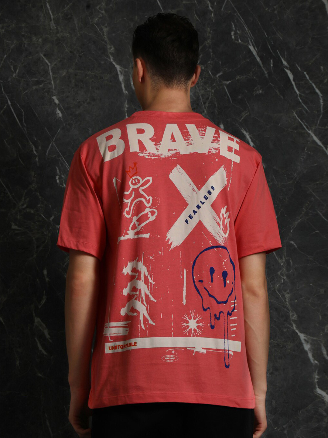

Breakbounce Coral-Coloured Typography Printed Cotton Oversized T-shirt