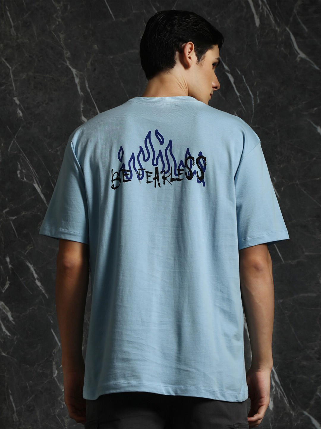 

Breakbounce Blue Typography Printed Drop-Shoulder Sleeves Cotton Oversized T-shirt