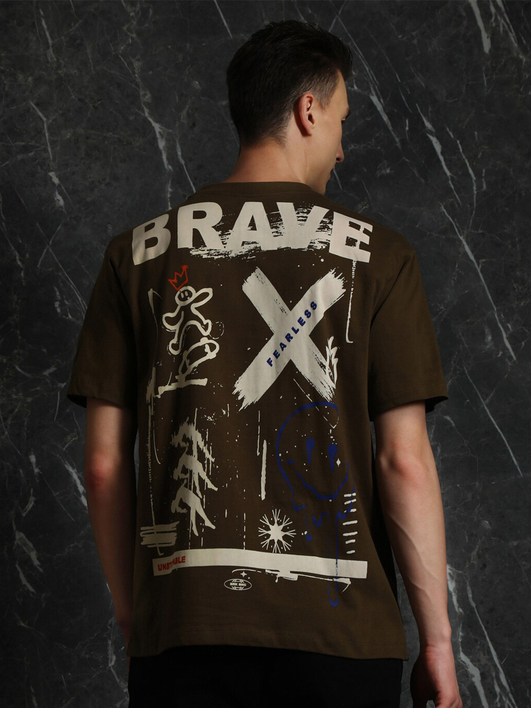 

Breakbounce Olive Green Typography Printed Drop-Shoulder Sleeves Cotton Oversized T-shirt