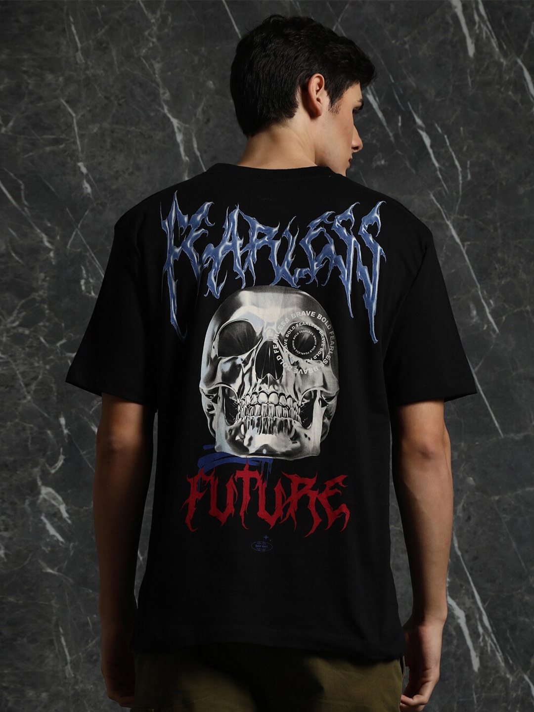 Breakbounce Black Graphic Printed Drop-Shoulder Sleeves Cotton Oversized T-shirt