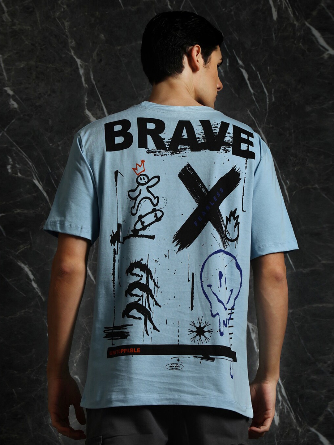 

Breakbounce Blue Typography Printed Drop-Shoulder Sleeves Cotton Oversized T-shirt